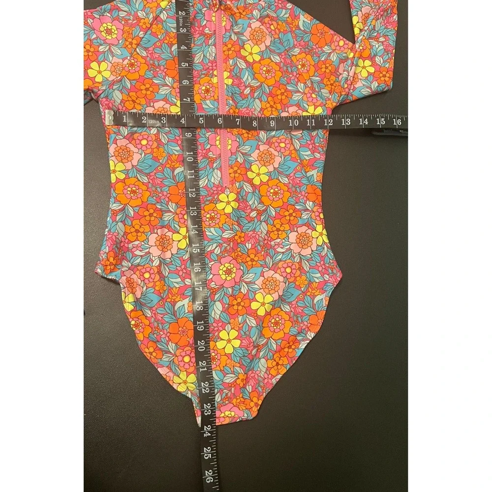 Cat & Jack Swimsuit Girls L 10/12 Pink Orange Floral Long Sleeve One Piece 1630